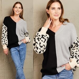 Melody Leopard Colorblock Sweater - Gray